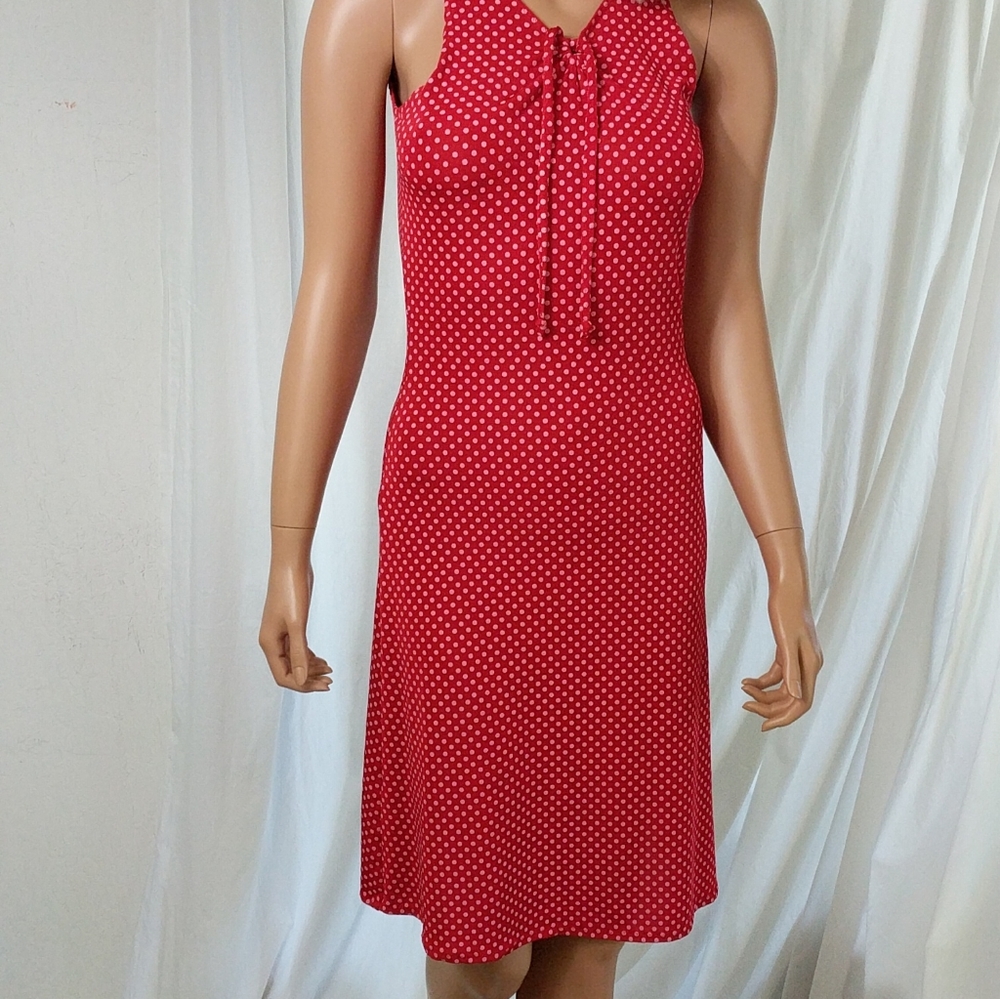 Red Summer dress with white dots size Small for a casual fit, Medium for a tight